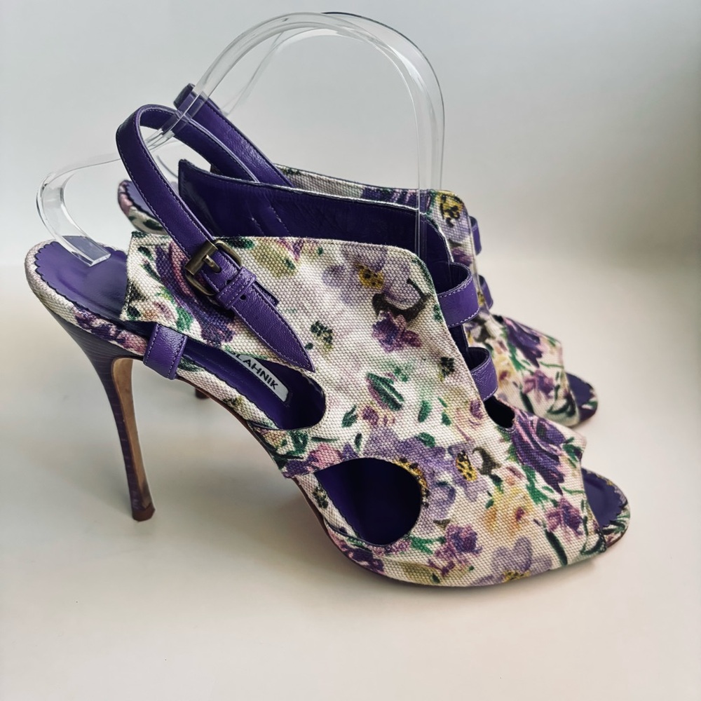 Manolo Blahnik Floral Cotton Slingback Purple Heels Sandals Shoe Size 11.5 - Picture 2 of 15